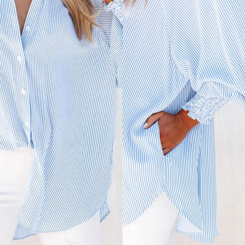🌞Frühlingserwachen: 50% Rabatt!🌸Oversized Streifenhemd "Smock-Chic" – Luftiger Boyfriend-Style mit gesmokten Manschetten