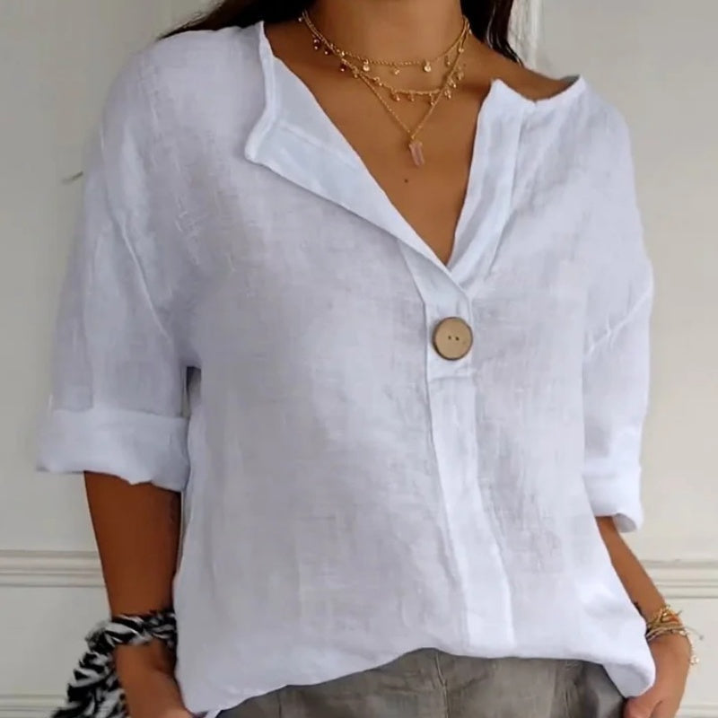 🌞Frühlingserwachen: 50% Rabatt!✨Damen Lockeres Baumwoll-Leinen V-Ausschnitt Shirt – Atmungsaktiv, Schmeichelhaft & Vielseitig