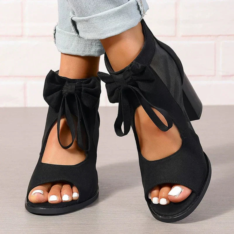 Offene Sandalen mit Schleife und klobigem Absatz für Damen