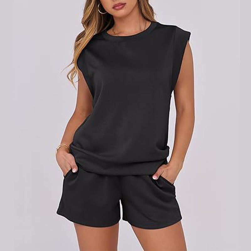 💕2025 Heißer Verkauf – 49% Rabatt🔥 2025 Neu: 2-teiliges Set für Damen mit Kurzarm-Rundhals-Oberteil und Kordelzugshorts