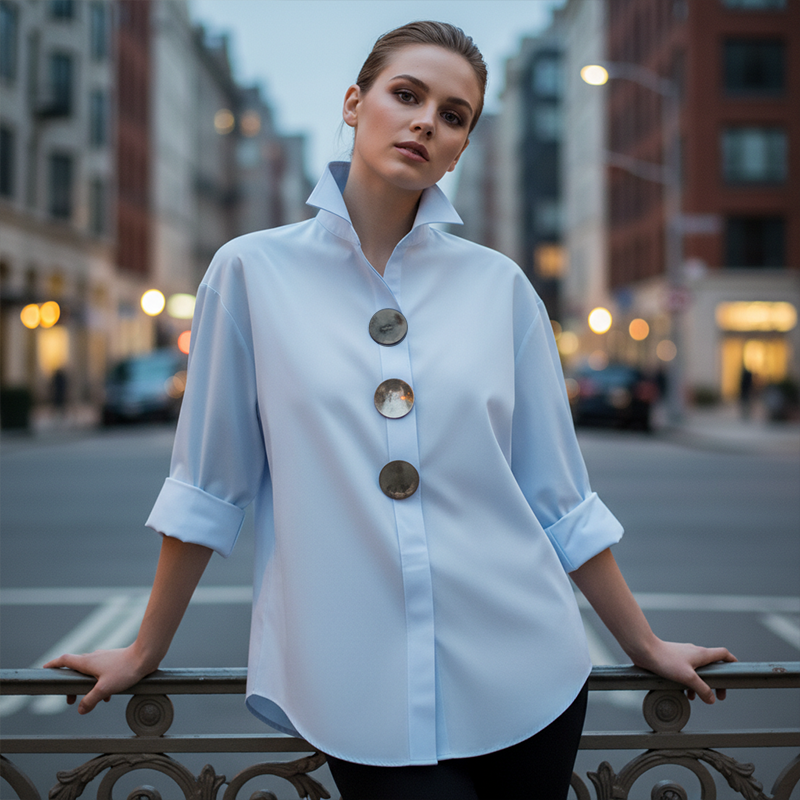 🌞Frühlingserwachen: 50% Rabatt!👚 Damen Oversized Bluse mit großen Metallknöpfen: Stehkragen – Statement-Piece für Büro & Freizeit