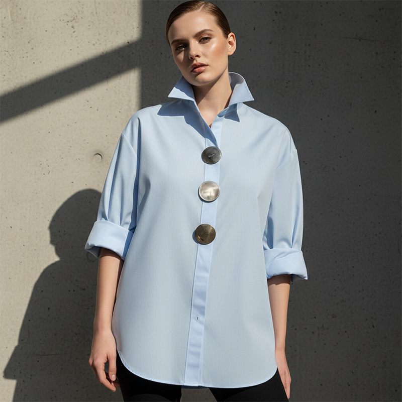 🌞Frühlingserwachen: 50% Rabatt!👚 Damen Oversized Bluse mit großen Metallknöpfen: Stehkragen – Statement-Piece für Büro & Freizeit