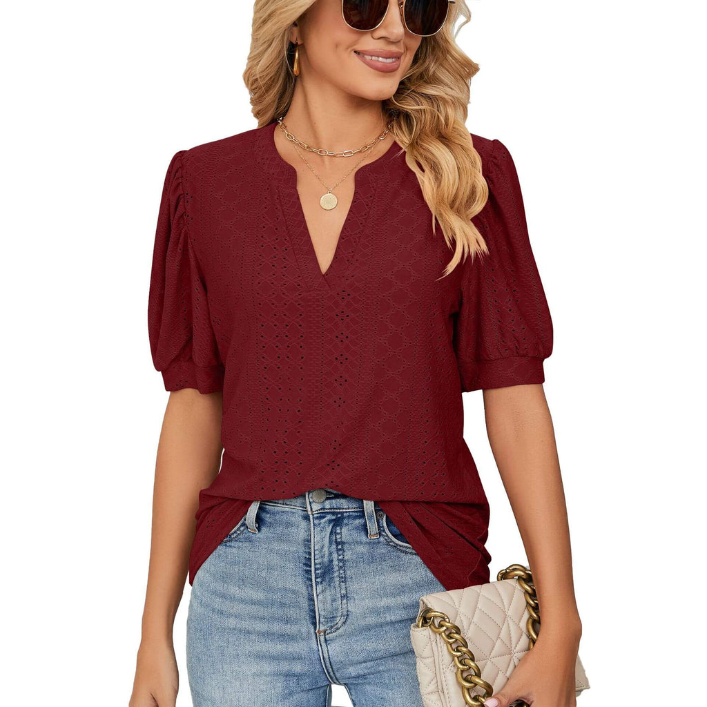 🌞Frühlingserwachen: 50% Rabatt!🎉Sommer-Chic: V-Ausschnitt Top mit Lochstickerei & femininen Puffärmeln