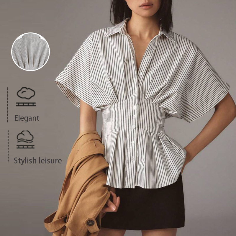 🌞Frühlingserwachen: 50% Rabatt!👕 Damen Gestreifte Tunika mit Smokbund & Peplum-Saum: Vertikale Streifen + Flutter-Ärmel – Figurbetont, atmungsaktiv & vielseitig für Büro & Freizeit