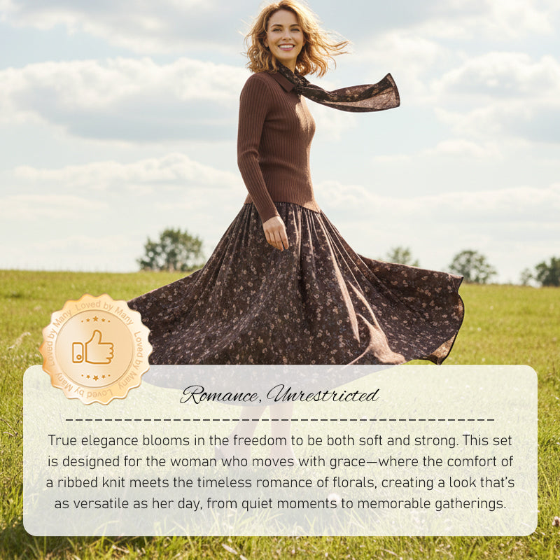 🌞Frühlingserwachen: 50% Rabatt!👗 Damen 2-Teilig Set – Rippstrickoberteil & Florales Maxiroch mit Krawatte