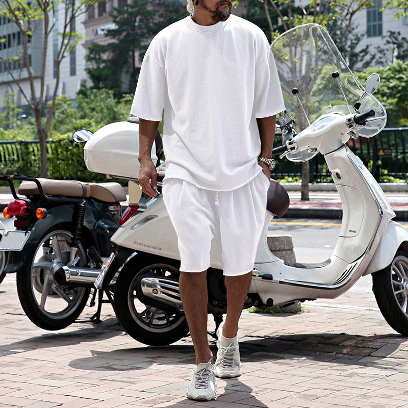 🌞Frühlingserwachen: 50% Rabatt!💎2-Teiler Herren Urban Set: Oversized Kurzarm-Sweatshirt & Shorts mit Raw-Edges