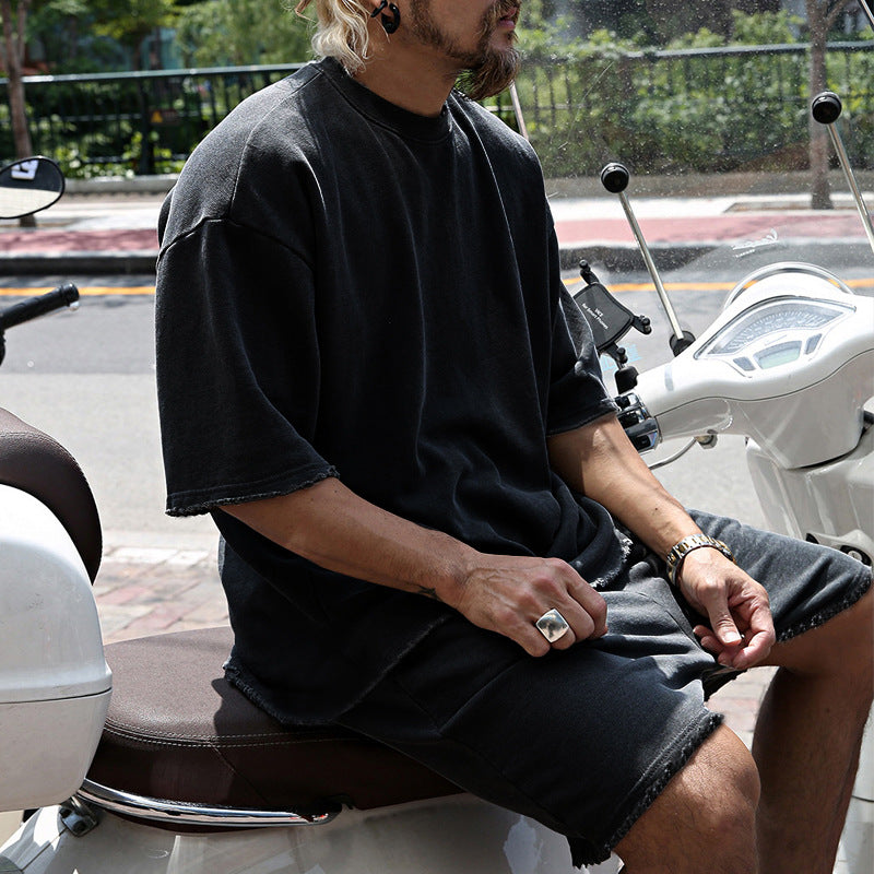 🌞Frühlingserwachen: 50% Rabatt!💎2-Teiler Herren Urban Set: Oversized Kurzarm-Sweatshirt & Shorts mit Raw-Edges