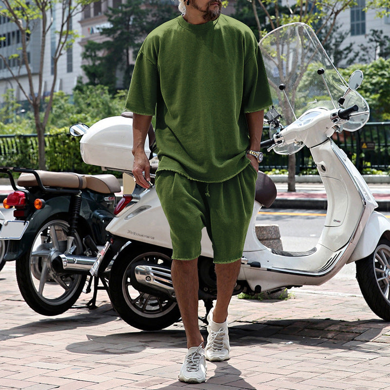 🌞Frühlingserwachen: 50% Rabatt!💎2-Teiler Herren Urban Set: Oversized Kurzarm-Sweatshirt & Shorts mit Raw-Edges