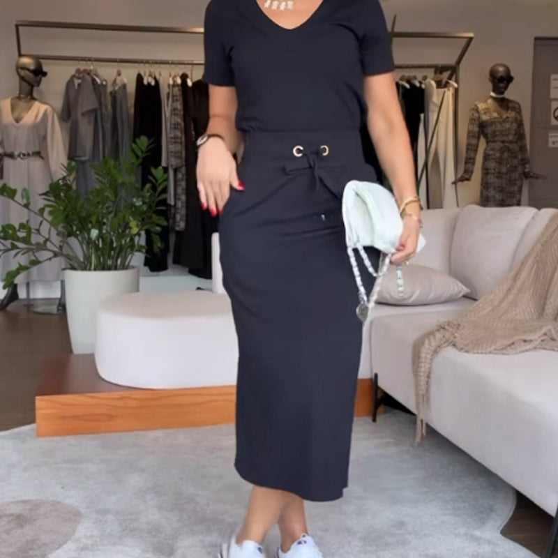 🌞Frühlingserwachen: 50% Rabatt!🎉Zeitlose Eleganz: V-Ausschnitt Top & Rock Set – Knitterfrei & Vielseitig